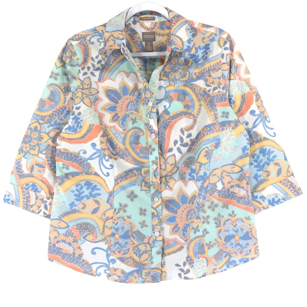 Chicos Women's 2 (L) Wrinkle Resistant Shirt Blue Green Ivory Cotton 3/4 Sleeve